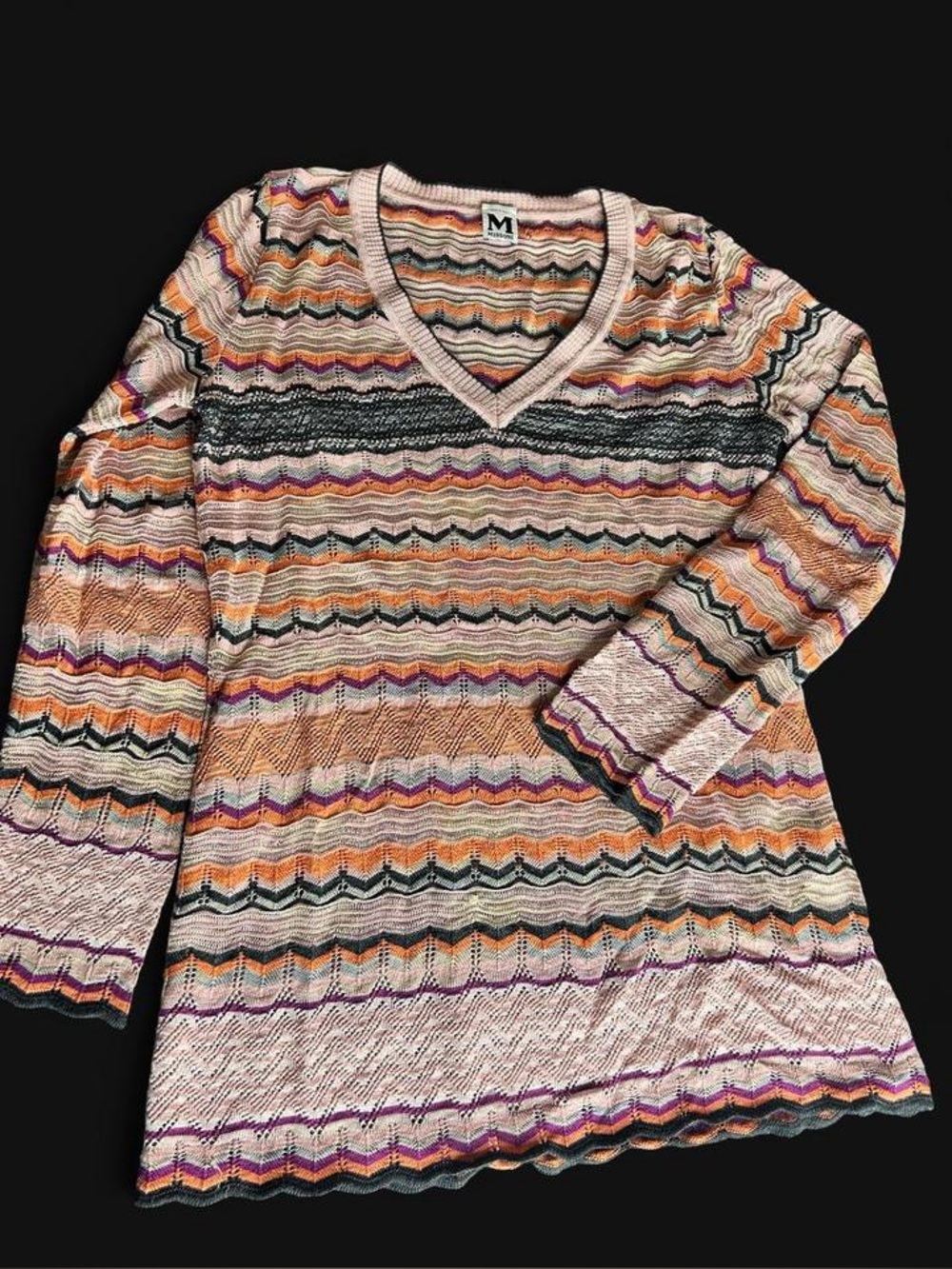Missoni luxury textured lightweight earthy rich tones knit v neck sweater